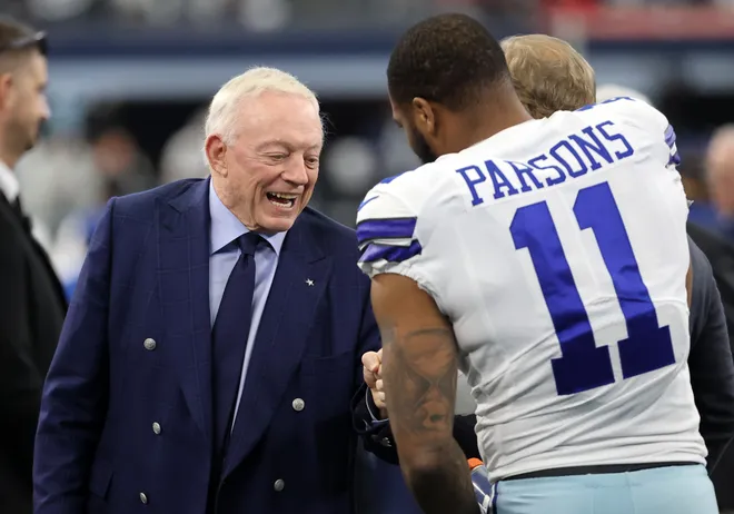 Dallas Cowboys owner Jerry Jones meets with outside linebacker Micah Parsons.