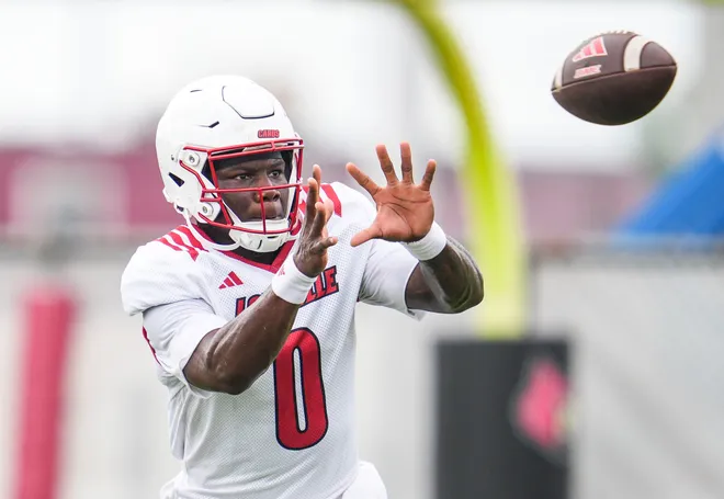 Louisville Cardinals' senior wide receiver Chris Bell (0) during a recent practice on August 4, 2025 before the start of the 2025 football season. In 2024, Bell had 43 receptions for 737 yards with four touchdowns. He averaged 17.1 yards per catch.
