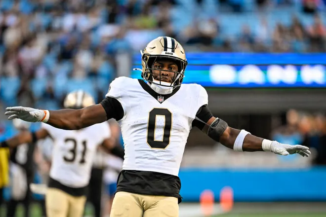 Nov 3, 2024; Charlotte, North Carolina, USA; New Orleans Saints safety Ugo Amadi (0) reacts in the fourth qarter at Bank of America Stadium. Mandatory Credit: Bob Donnan-Imagn Images