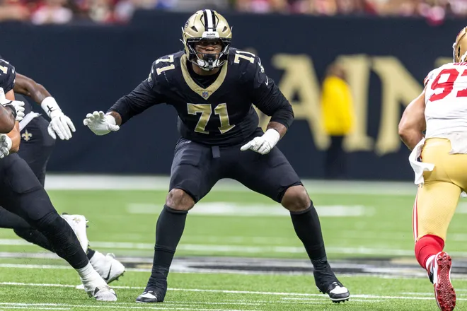 Sep 14, 2025; New Orleans, Louisiana, USA; New Orleans Saints offensive tackle Kelvin Banks Jr. (71) against the San Francisco 49ers during the first half at Caesars Superdome. Mandatory Credit: Stephen Lew-Imagn Images
