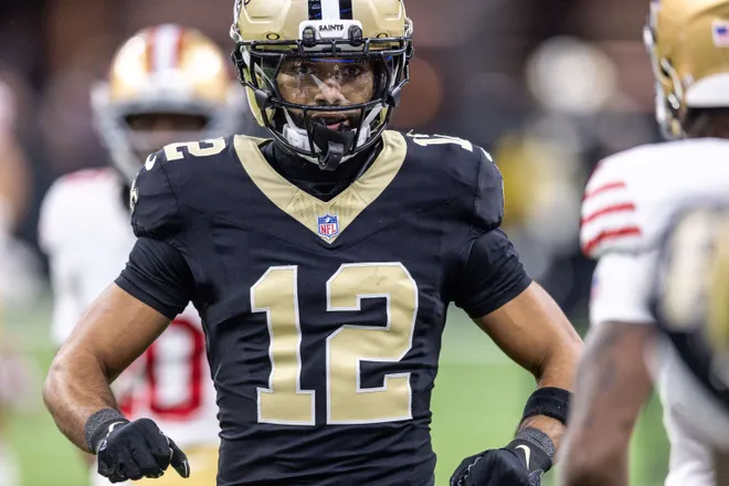 Sep 14, 2025; New Orleans, Louisiana, USA; New Orleans Saints wide receiver Chris Olave (12) looks on against the San Francisco 49ers during the first half at Caesars Superdome. Mandatory Credit: Stephen Lew-Imagn Images