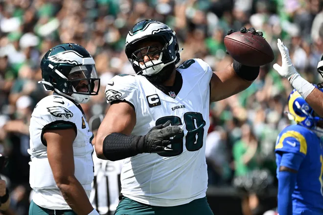 Sep 21, 2025; Philadelphia, Pennsylvania, USA; Philadelphia Eagles offensive tackle Jordan Mailata (68) reacts after an offensive touchdown against the Los Angeles Rams during the first half at Lincoln Financial Field. Mandatory Credit: Eric Hartline-Imagn Images