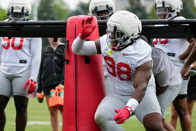 Ohio State Buckeyes defensive lineman Kayden McDonald (98) runs a drill during the first football practice of the season at the Woody Hayes Athletic Center on July 31, 2025.