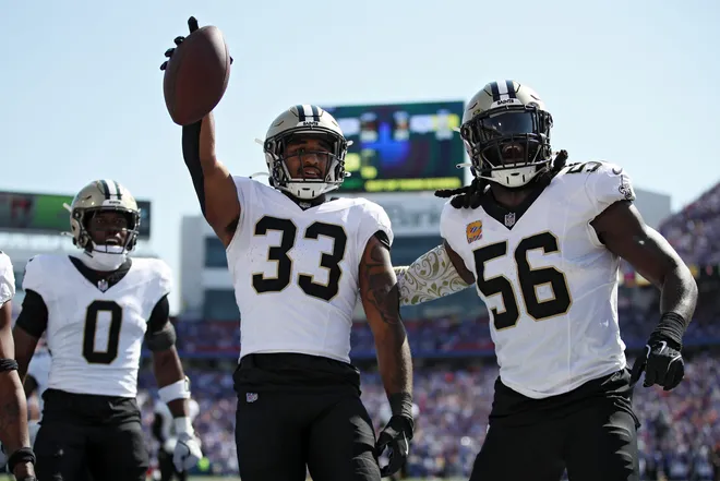 ORCHARD PARK, NEW YORK - SEPTEMBER 28: Jonas Sanker #33 of the New Orleans Saints celebrates after an interception during the second quarter against the Buffalo Bills at Highmark Stadium on September 28, 2025 in Orchard Park, New York. (Photo by Bryan M. Bennett/Getty Images)