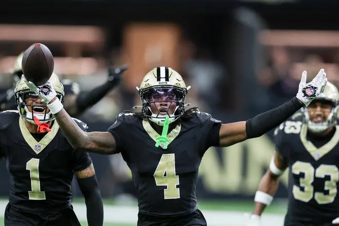 NEW ORLEANS, LOUISIANA - OCTOBER 05: Kool-Aid McKinstry #4 of the New Orleans Saints celebrates after an interception during the fourth quarter against the New York Giants in the game at Caesars Superdome on October 05, 2025 in New Orleans, Louisiana. (Photo by Chris Graythen/Getty Images)