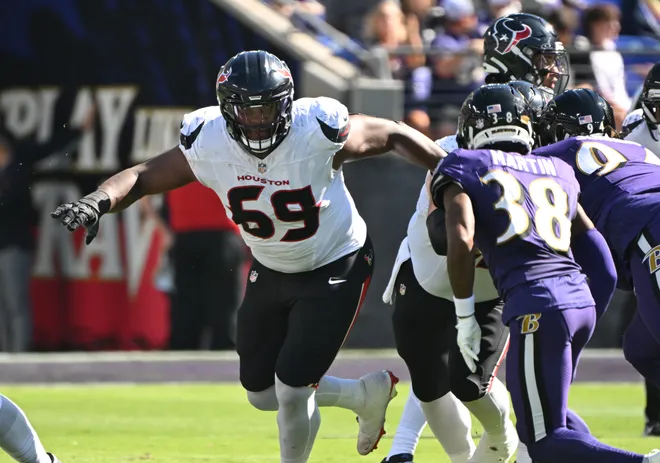 Oct 5, 2025; Baltimore, Maryland, USA; Houston Texans guard Ed Ingram (69) during play against Baltimore Ravens cornerback Keyon Martin (38) during the second quarter at M&T Bank Stadium. Mandatory Credit: Rafael Suanes-Imagn Images