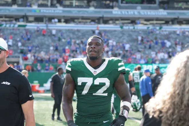Sep 14, 2025; East Rutherford, New Jersey, USA; New York Jets defensive end Micheal Clemons (72) after the game against the Buffalo Bills at MetLife Stadium. Mandatory Credit: Vincent Carchietta-Imagn Images