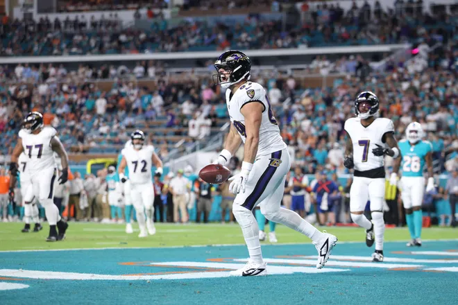 Oct 30, 2025; Miami Gardens, Florida, USA; Baltimore Ravens tight end Mark Andrews (89) celebrates a touchdown during the first quarter against the Miami Dolphins at Hard Rock Stadium. Mandatory Credit: Nathan Ray Seebeck-Imagn Images