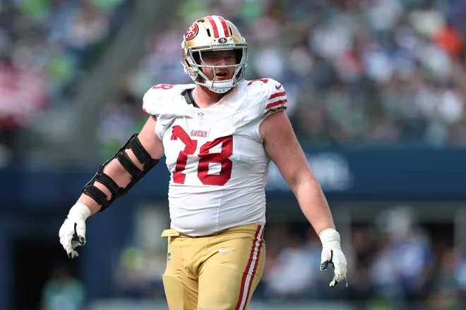Ben Bartch of the San Francisco 49ers looks on during the game against the Seattle Seahawks at Lumen Field on Sept. 7, 2025 in Seattle.