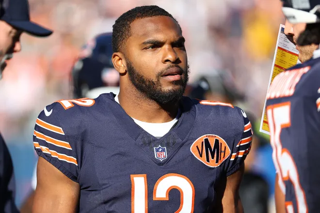 Nov 23, 2025; Chicago, Illinois, USA; Chicago Bears wide receiver Devin Duvernay (12) during the second half at Soldier Field. Mandatory Credit: Mike Dinovo-Imagn Images
