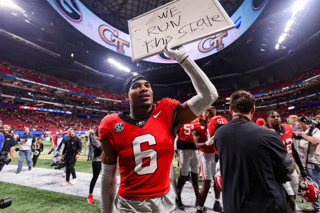 Georgia Bulldogs defensive back Daylen Everette (6) celebrates after a victory over the Georgia Tech Yellow Jackets