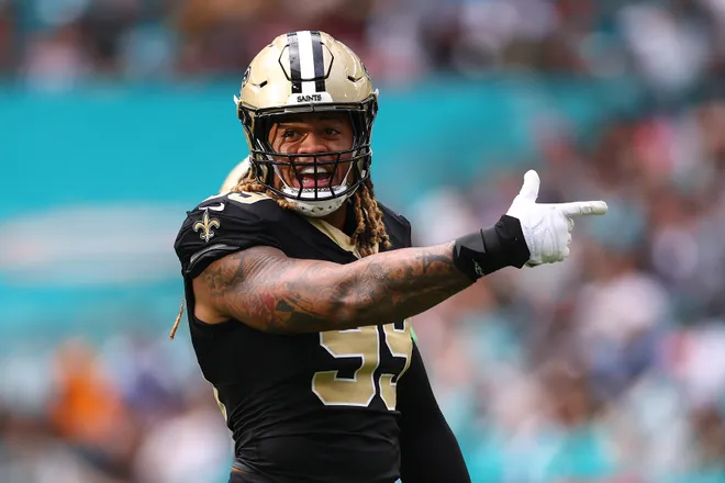 MIAMI GARDENS, FLORIDA - NOVEMBER 30: Chase Young #99 of the New Orleans Saints reacts during the fourth quarter against the Miami Dolphins at Hard Rock Stadium on November 30, 2025 in Miami Gardens, Florida. (Photo by Megan Briggs/Getty Images)