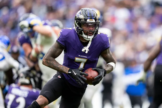 Rashod Bateman #7, Baltimore Ravens (Photo by Michael Owens/Getty Images)