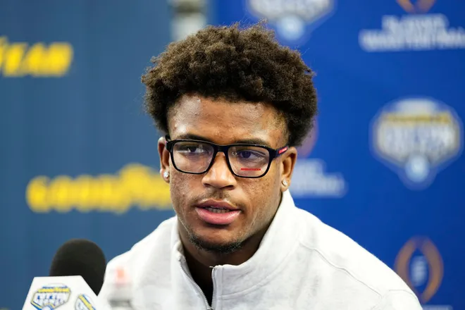 Ohio State Buckeyes defensive back Caleb Downs speaks during the Cotton Bowl Media Day at AT&T Stadium in Dallas prior to the College Football Playoff matchup against the Miami Hurricanes on Dec. 29, 2025.