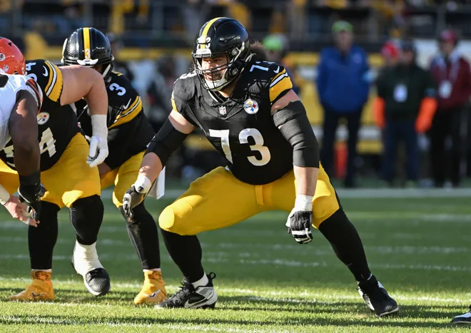 Dec 8, 2024; Pittsburgh, Pennsylvania, USA; Pittsburgh Steelers guard Isaac Seumalo (73) against the Cleveland Browns during the first quarter at Acrisure Stadium. Mandatory Credit: Barry Reeger-Imagn Images