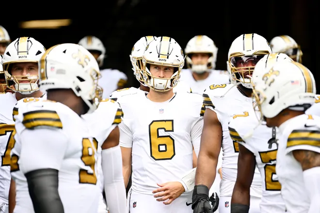 SEATTLE, WASHINGTON - SEPTEMBER 21: Tyler Shough #6 of the New Orleans Saints waits in the tunnel before the game against the Seattle Seahawks at Lumen Field on September 21, 2025 in Seattle, Washington. (Photo by Jane Gershovich/Getty Images)
