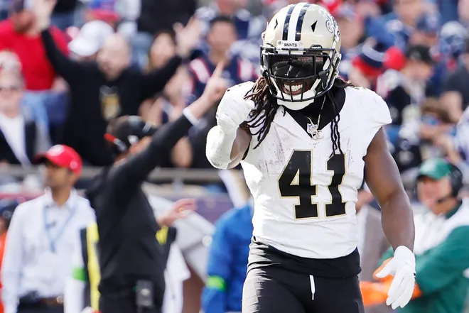 FOXBOROUGH, MASSACHUSETTS - OCTOBER 08: Alvin Kamara #41 of the New Orleans Saints reacts after his team's touchdown during the fourth quarter against the New England Patriots at Gillette Stadium on October 08, 2023 in Foxborough, Massachusetts. (Photo by Winslow Townson/Getty Images)