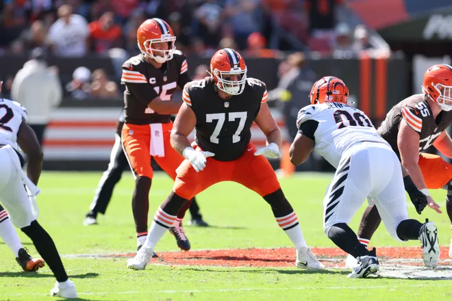 CLEVELAND, OHIO - SEPTEMBER 07: Wyatt Teller #77 of the Cleveland Browns plays against the Cincinnati Bengals at Huntington Bank Field on September 07, 2025 in Cleveland, Ohio. (Photo by Gregory Shamus/Getty Images)