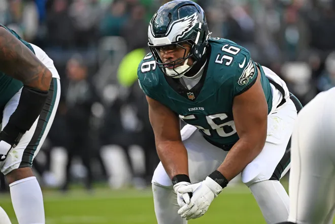 Dec 14, 2025; Philadelphia, Pennsylvania, USA; Philadelphia Eagles guard Tyler Steen (56) against the Las Vegas Raiders at Lincoln Financial Field. Mandatory Credit: Eric Hartline-Imagn Images