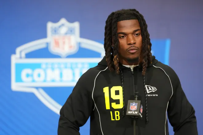Feb 25, 2026; Indianapolis, IN, USA; LSU linebacker Harold Perkins (LB19) speaks during the NFL Scouting Combine at the Indiana Convention Center. Mandatory Credit: Kirby Lee-Imagn Images
