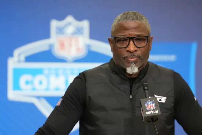 Feb 24, 2026; Indianapolis, IN, USA; New York Jets coach Aaron Glenn speaks at the NFL Scouting Combine at the Indiana Convention Center. Mandatory Credit: Kirby Lee-Imagn Images