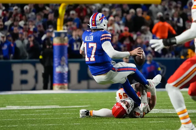 Nov 2, 2025; Orchard Park, New York, USA; Kansas City Chiefs linebacker Leo Chenal (54) sacks Buffalo Bills quarterback Josh Allen (17) in the fourth quarter at Highmark Stadium. Mandatory Credit: Gregory Fisher-Imagn Images