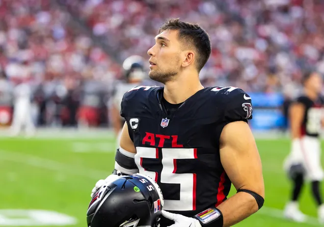 Dec 21, 2025; Glendale, Arizona, USA; Atlanta Falcons linebacker Kaden Elliss (55) against the Arizona Cardinals at State Farm Stadium. Mandatory Credit: Mark J. Rebilas-Imagn Images