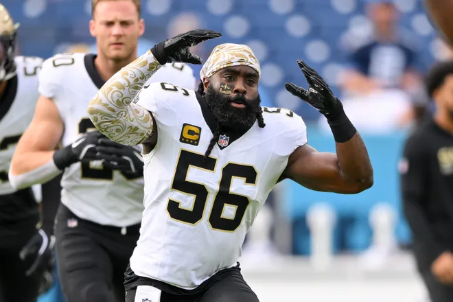 Dec 28, 2025; Nashville, Tennessee, USA; New Orleans Saints linebacker Demario Davis (56) stretches against the Tennessee Titans during pre-game warmups at Nissan Stadium. Mandatory Credit: Steve Roberts-Imagn Images