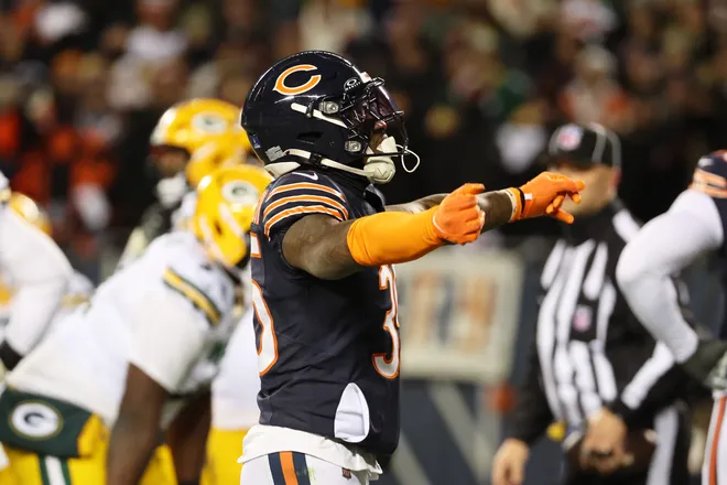 Dec 20, 2025; Chicago, Illinois, USA; Chicago Bears safety C.J. Gardner-Johnson (35) reacts against the Green Bay Packers during the first quarter at Soldier Field. Mandatory Credit: Mike Dinovo-Imagn Images