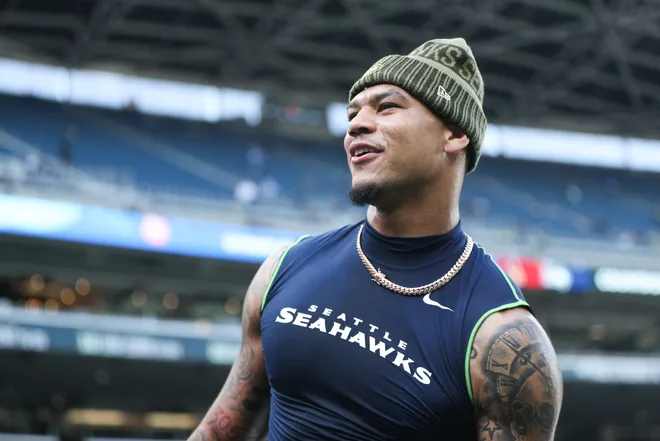 Nov 9, 2025; Seattle, Washington, USA; Seattle Seahawks safety Coby Bryant (8) looks on before the game against the Arizona Cardinals at Lumen Field. Mandatory Credit: Kevin Ng-Imagn Images