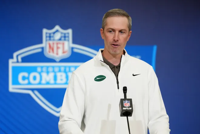 Feb 24, 2026; Indianapolis, IN, USA; New York Jets general manager Darren Mougey speaks at the NFL Scouting Combine at the Indiana Convention Center. Mandatory Credit: Kirby Lee-Imagn Images