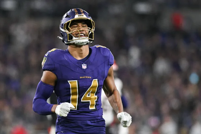 Baltimore Ravens safety Kyle Hamilton reacts.