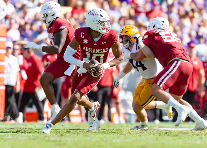 Razorback Quarterback Taylen Green 10, LSU Tigers take on the Arkansas Razorbacks. November 15, 2025; Baton Rouge, Louisiana, USA; at Tiger Stadium.