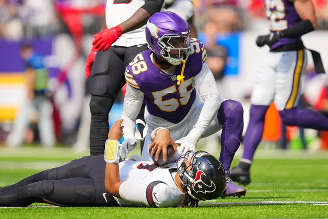 Sep 22, 2024; Minneapolis, Minnesota, USA; Minnesota Vikings linebacker Jonathan Greenard (58) sacks Houston Texans quarterback C.J. Stroud (7) in the third quarter at U.S. Bank Stadium. Mandatory Credit: Brad Rempel-Imagn Images