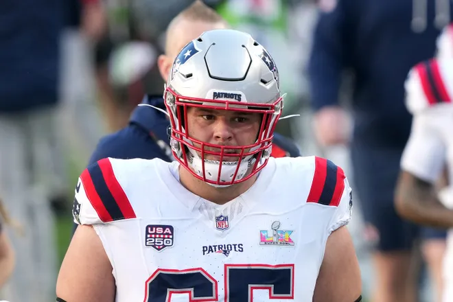 Feb 8, 2026; Santa Clara, CA, USA; New England Patriots center Garrett Bradbury (65) before Super Bowl LX against the Seattle Seahawks at Levi's Stadium. Mandatory Credit: Darren Yamashita-Imagn Images