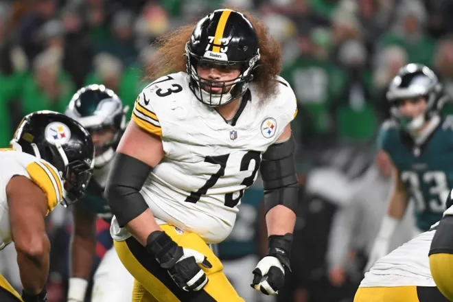 Dec 15, 2024; Philadelphia, Pennsylvania, USA; Pittsburgh Steelers guard Isaac Seumalo (73) against the Philadelphia Eagles at Lincoln Financial Field. Mandatory Credit: Eric Hartline-Imagn Images