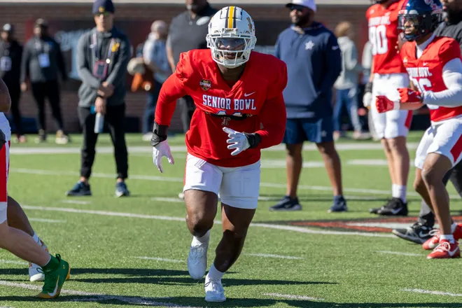 Jan 28, 2026; Mobile, AL, USA; National Team outside linebacker Nadame Tucker (11) of Western Michigan practices during National Senior Bowl practice at Hancock Whitney Stadium. Mandatory Credit: Vasha Hunt-Imagn Images