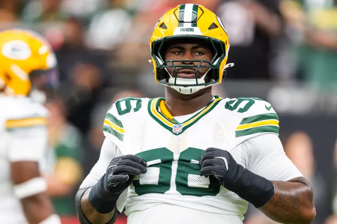 Oct 19, 2025; Glendale, Arizona, USA; Green Bay Packers defensive lineman Colby Wooden (96) against the Arizona Cardinals at State Farm Stadium. Mandatory Credit: Mark J. Rebilas-Imagn Images