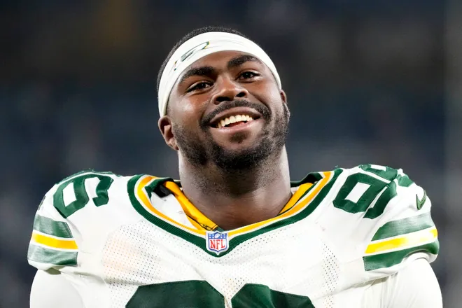 Sep 11, 2025; Green Bay, Wisconsin, USA; Green Bay Packers defensive lineman Colby Wooden (96) during the game against the Washington Commanders at Lambeau Field. Mandatory Credit: Jeff Hanisch-Imagn Images