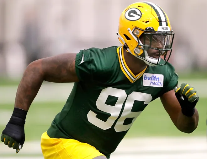 Defensive lineman Colby Wooden (96) during the 2023 Green Bay Packersâ€™ rookie minicamp on Friday, May 5, 2023 at the Don Hutson Center indoor practice facility in Ashwaubenon, Wis. Wm. Glasheen USA TODAY NETWORK-Wisconsin