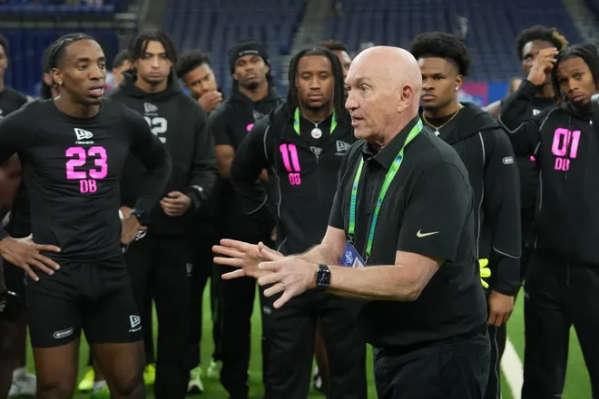 Feb 27, 2026; Indianapolis, IN, USA; New Orleans Saints senior defensive assistant coach Peter Gunta during the NFL Scouting Combine at Lucas Oil Stadium. Mandatory Credit: Kirby Lee-Imagn Images