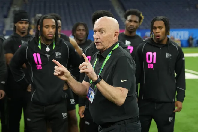 Feb 27, 2026; Indianapolis, IN, USA; New Orleans Saints senior defensive assistant coach Peter Gunta during the NFL Scouting Combine at Lucas Oil Stadium. Mandatory Credit: Kirby Lee-Imagn Images