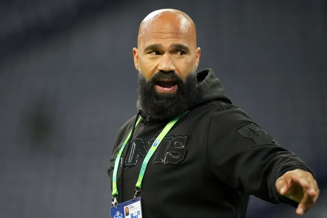 Feb 28, 2026; Indianapolis, IN, USA; New Orleans Saints running backs coach Joel Thomas looks on during the NFL Scouting Combine at Lucas Oil Stadium. Mandatory Credit: Kirby Lee-Imagn Images