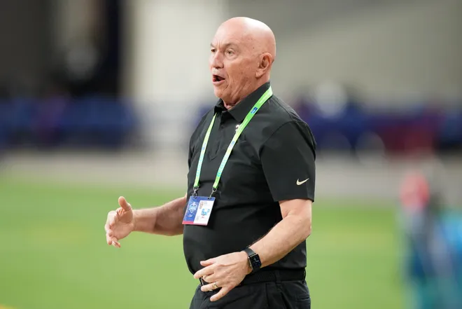 Feb 27, 2026; Indianapolis, IN, USA; New Orleans Saints senior defensive assistant coach Peter Gunta during the NFL Scouting Combine at Lucas Oil Stadium. Mandatory Credit: Kirby Lee-Imagn Images