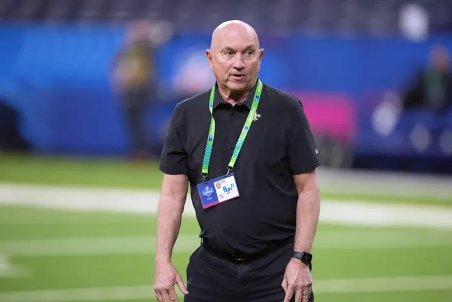 Feb 27, 2026; Indianapolis, IN, USA; New Orleans Saints senior defensive assistant coach Peter Gunta during the NFL Scouting Combine at Lucas Oil Stadium. Mandatory Credit: Kirby Lee-Imagn Images