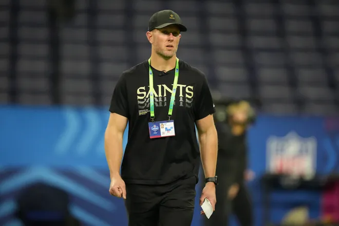 Feb 27, 2026; Indianapolis, IN, USA; New Orleans Saints scout Josh Hill during the NFL Scouting Combine at Lucas Oil Stadium. Mandatory Credit: Kirby Lee-Imagn Images