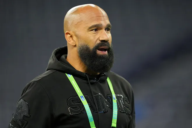 Feb 28, 2026; Indianapolis, IN, USA; New Orleans Saints running backs coach Joel Thomas looks on during the NFL Scouting Combine at Lucas Oil Stadium. Mandatory Credit: Kirby Lee-Imagn Images