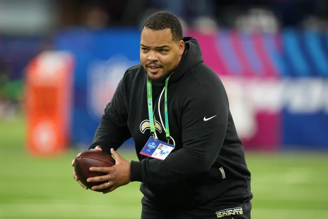 Mar 1, 2026; Indianapolis, IN, USA; New Orleans Saints offensive assistant coach Tobijah Hughley during the NFL Scouting Combine at Lucas Oil Stadium. Mandatory Credit: Kirby Lee-Imagn Images