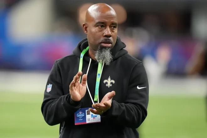 Feb 28, 2026; Indianapolis, IN, USA; New Orleans Saints wide receivers coach Keith Williams looks on during the NFL Scouting Combine at Lucas Oil Stadium. Mandatory Credit: Kirby Lee-Imagn Images