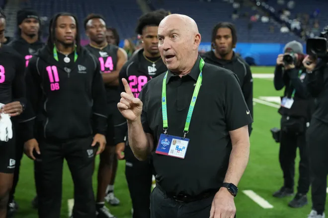 Feb 27, 2026; Indianapolis, IN, USA; New Orleans Saints senior defensive assistant coach Peter Gunta during the NFL Scouting Combine at Lucas Oil Stadium. Mandatory Credit: Kirby Lee-Imagn Images